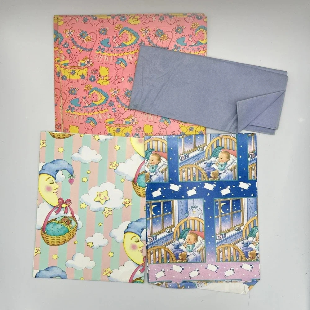 Vintage Lot‎ of 7 BABY Gift Wrap Wrapping Paper Loose Sheets 1970-80s